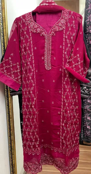 Pakistani Orginal Rangoon Chiffon Stitched 3 Pcs _ Megenta Pink 
